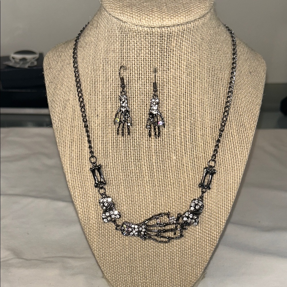 Costume  Silver Skeleton Hand Necklace and Earring Set